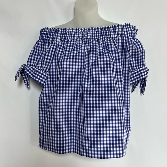 J. Crew Off the Shoulder Gingham Blue White Top Blouse Size 6 - Picture 2 of 15